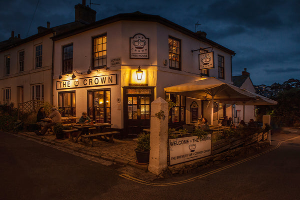 Cornish Crown Brewery pub outside seating at night